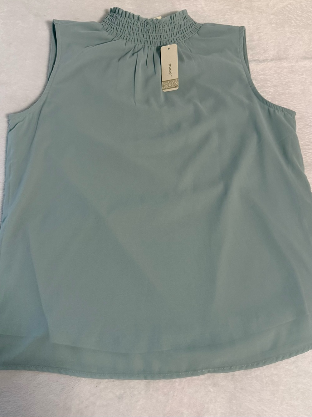 NWT Japna Womens Large Sage Green Sleeveless Smocked High Neck Blouse Top